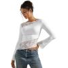 imageSUUKSESS Women Lace Long Sleeve Top Sexy Mesh Sheer Crew Neck T Shirts Y2k TopsWhite