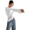 imageSUUKSESS Women Lace Long Sleeve Top Sexy Mesh Sheer Crew Neck T Shirts Y2k TopsWhite