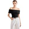 imageSUUKSESS Women Off Shoulder Going Out Sweaters Tops Short Sleeve Ribbed Knit Summer Sexy ShirtsBlack