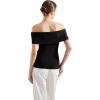imageSUUKSESS Women Off Shoulder Going Out Sweaters Tops Short Sleeve Ribbed Knit Summer Sexy ShirtsBlack