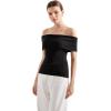 imageSUUKSESS Women Off Shoulder Going Out Sweaters Tops Short Sleeve Ribbed Knit Summer Sexy ShirtsBlack