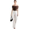 imageSUUKSESS Women Off Shoulder Going Out Sweaters Tops Short Sleeve Ribbed Knit Summer Sexy ShirtsBrown