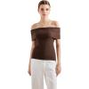 imageSUUKSESS Women Off Shoulder Going Out Sweaters Tops Short Sleeve Ribbed Knit Summer Sexy ShirtsBrown