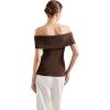 imageSUUKSESS Women Off Shoulder Going Out Sweaters Tops Short Sleeve Ribbed Knit Summer Sexy ShirtsBrown