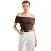 imageSUUKSESS Women Off Shoulder Going Out Sweaters Tops Short Sleeve Ribbed Knit Summer Sexy ShirtsBrown