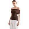 imageSUUKSESS Women Off Shoulder Going Out Sweaters Tops Short Sleeve Ribbed Knit Summer Sexy ShirtsBrown