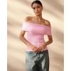 imageSUUKSESS Women Off Shoulder Going Out Sweaters Tops Short Sleeve Ribbed Knit Summer Sexy ShirtsPink