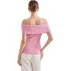 imageSUUKSESS Women Off Shoulder Going Out Sweaters Tops Short Sleeve Ribbed Knit Summer Sexy ShirtsPink