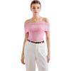imageSUUKSESS Women Off Shoulder Going Out Sweaters Tops Short Sleeve Ribbed Knit Summer Sexy ShirtsPink