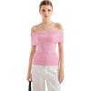 imageSUUKSESS Women Off Shoulder Going Out Sweaters Tops Short Sleeve Ribbed Knit Summer Sexy ShirtsPink