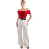 imageSUUKSESS Women Off Shoulder Going Out Sweaters Tops Short Sleeve Ribbed Knit Summer Sexy ShirtsRed