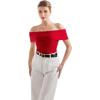 imageSUUKSESS Women Off Shoulder Going Out Sweaters Tops Short Sleeve Ribbed Knit Summer Sexy ShirtsRed