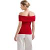imageSUUKSESS Women Off Shoulder Going Out Sweaters Tops Short Sleeve Ribbed Knit Summer Sexy ShirtsRed