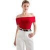 imageSUUKSESS Women Off Shoulder Going Out Sweaters Tops Short Sleeve Ribbed Knit Summer Sexy ShirtsRed