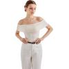 imageSUUKSESS Women Off Shoulder Going Out Sweaters Tops Short Sleeve Ribbed Knit Summer Sexy ShirtsWhite