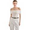 imageSUUKSESS Women Off Shoulder Going Out Sweaters Tops Short Sleeve Ribbed Knit Summer Sexy ShirtsWhite