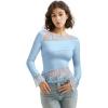 imageSUUKSESS Women Lace Long Sleeve Top Sexy Mesh Sheer Crew Neck T Shirts Y2k TopsLight Blue