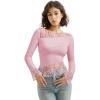 imageSUUKSESS Women Lace Long Sleeve Top Sexy Mesh Sheer Crew Neck T Shirts Y2k TopsLight Pink