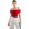 imageSUUKSESS Women Off Shoulder Going Out Sweaters Tops Short Sleeve Ribbed Knit Summer Sexy ShirtsRed