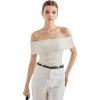 imageSUUKSESS Women Off Shoulder Going Out Sweaters Tops Short Sleeve Ribbed Knit Summer Sexy ShirtsWhite