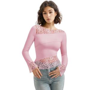 imageSUUKSESS Women Lace Long Sleeve Top Sexy Mesh Sheer Crew Neck T Shirts Y2k TopsLight Pink