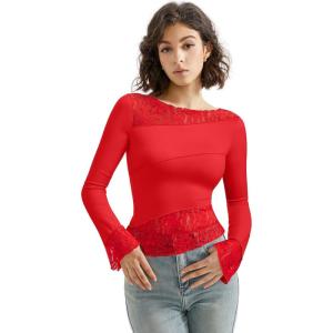 imageSUUKSESS Women Lace Long Sleeve Top Sexy Mesh Sheer Crew Neck T Shirts Y2k TopsRed