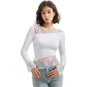 imageSUUKSESS Women Lace Long Sleeve Top Sexy Mesh Sheer Crew Neck T Shirts Y2k TopsWhite