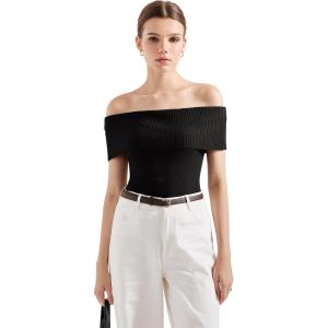 imageSUUKSESS Women Off Shoulder Going Out Sweaters Tops Short Sleeve Ribbed Knit Summer Sexy ShirtsBlack