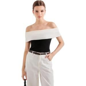 imageSUUKSESS Women Off Shoulder Going Out Sweaters Tops Short Sleeve Ribbed Knit Summer Sexy ShirtsBlack1