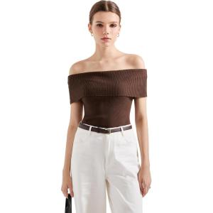 imageSUUKSESS Women Off Shoulder Going Out Sweaters Tops Short Sleeve Ribbed Knit Summer Sexy ShirtsBrown