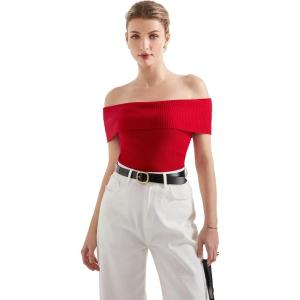 imageSUUKSESS Women Off Shoulder Going Out Sweaters Tops Short Sleeve Ribbed Knit Summer Sexy ShirtsRed