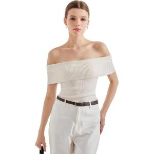 imageSUUKSESS Women Off Shoulder Going Out Sweaters Tops Short Sleeve Ribbed Knit Summer Sexy ShirtsWhite