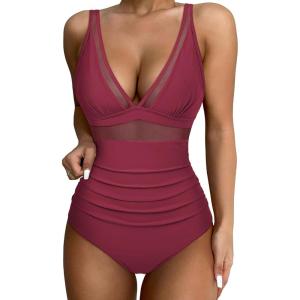 imageSUUKSESS Women Sexy Mesh Tummy Control Swimsuit Push Up High Waisted Bathing Suit10 Wine Red