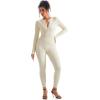 imageSUUKSESS Women Long Sleeve Ribbed Workout Jumpsuit One Piece V Neck Button Down Yoga JumpsuitsApricot