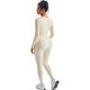 imageSUUKSESS Women Long Sleeve Ribbed Workout Jumpsuit One Piece V Neck Button Down Yoga JumpsuitsApricot