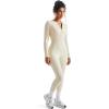 imageSUUKSESS Women Long Sleeve Ribbed Workout Jumpsuit One Piece V Neck Button Down Yoga JumpsuitsApricot