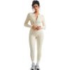 imageSUUKSESS Women Long Sleeve Ribbed Workout Jumpsuit One Piece V Neck Button Down Yoga JumpsuitsApricot
