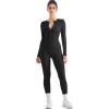 imageSUUKSESS Women Long Sleeve Ribbed Workout Jumpsuit One Piece V Neck Button Down Yoga JumpsuitsBlack