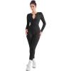 imageSUUKSESS Women Long Sleeve Ribbed Workout Jumpsuit One Piece V Neck Button Down Yoga JumpsuitsBlack