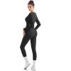 imageSUUKSESS Women Long Sleeve Ribbed Workout Jumpsuit One Piece V Neck Button Down Yoga JumpsuitsBlack