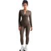 imageSUUKSESS Women Long Sleeve Ribbed Workout Jumpsuit One Piece V Neck Button Down Yoga JumpsuitsCoffee