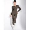 imageSUUKSESS Women Long Sleeve Ribbed Workout Jumpsuit One Piece V Neck Button Down Yoga JumpsuitsCoffee