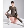imageSUUKSESS Women Long Sleeve Ribbed Workout Jumpsuit One Piece V Neck Button Down Yoga JumpsuitsCoffee