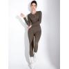 imageSUUKSESS Women Long Sleeve Ribbed Workout Jumpsuit One Piece V Neck Button Down Yoga JumpsuitsCoffee