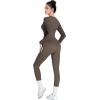 imageSUUKSESS Women Long Sleeve Ribbed Workout Jumpsuit One Piece V Neck Button Down Yoga JumpsuitsCoffee