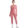 imageSUUKSESS Women Long Sleeve Ribbed Workout Jumpsuit One Piece V Neck Button Down Yoga JumpsuitsPink Rose