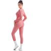 imageSUUKSESS Women Long Sleeve Ribbed Workout Jumpsuit One Piece V Neck Button Down Yoga JumpsuitsPink Rose