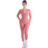 imageSUUKSESS Women Long Sleeve Ribbed Workout Jumpsuit One Piece V Neck Button Down Yoga JumpsuitsPink Rose