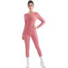 imageSUUKSESS Women Long Sleeve Ribbed Workout Jumpsuit One Piece V Neck Button Down Yoga JumpsuitsPink Rose