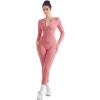 imageSUUKSESS Women Long Sleeve Ribbed Workout Jumpsuit One Piece V Neck Button Down Yoga JumpsuitsPink Rose